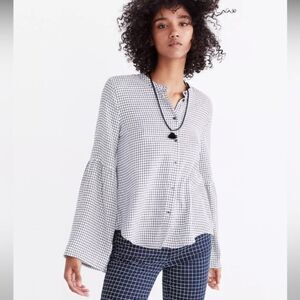 Madewell Women's Size S Black White Bell-Sleeve Button-Down Shirt in Windowpane